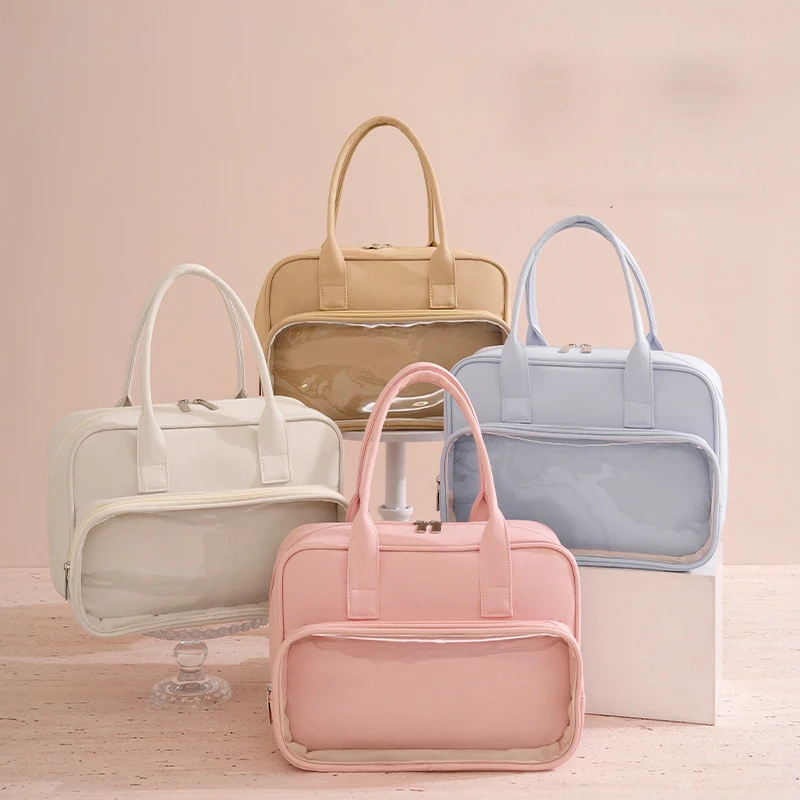 3pcs Makeup Bags PU Plain Patchwork Transparent Double Zipper Waterproof Protable Travel Handbag