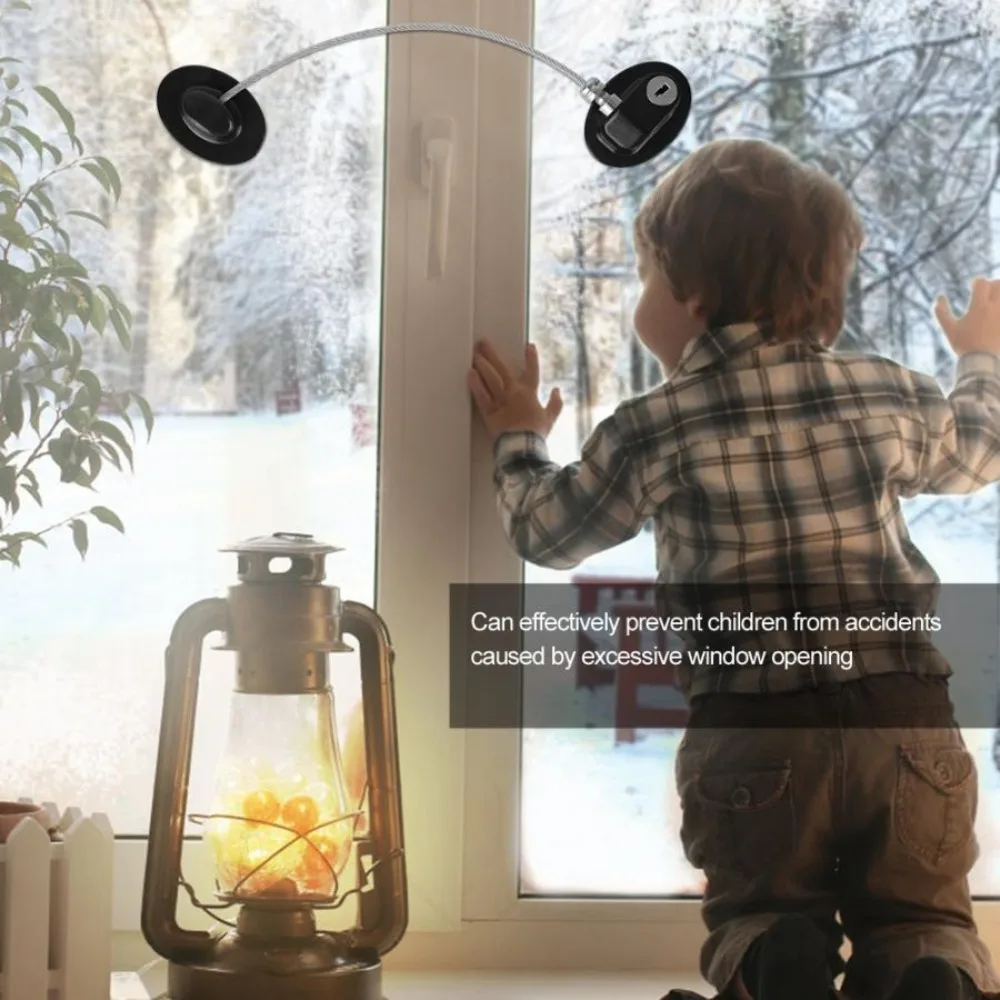 

2Pcs Self Adhesive Children Safety Lock No Drilling Steel Wire Lock Rope Window Security Lock Wear-resistant with Key