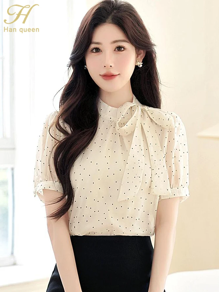 

H Han Queen New Summer Dots Bow Shirts Women Blouse Casual Tops Short Sleeve Blouse Loose Shirts Korean Style Women's Clothing