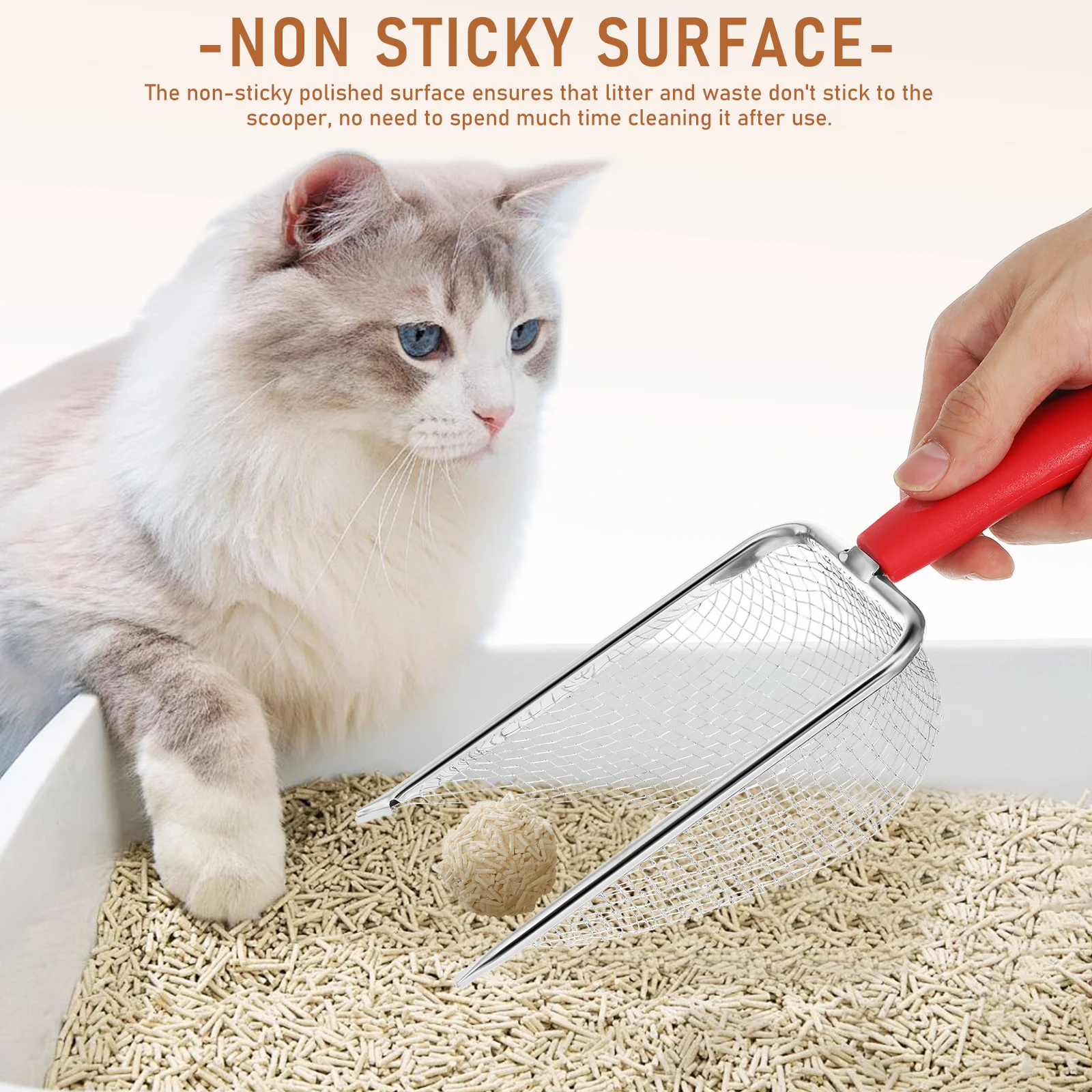 Многоразовая лопата для кошачьего туалета, сито, 6 отверстий, 38X38 мм, мелкая сетка, очиститель из нержавеющей стали, портативный инструмент для домашних животных, красный, нелипкий, эргономичный
