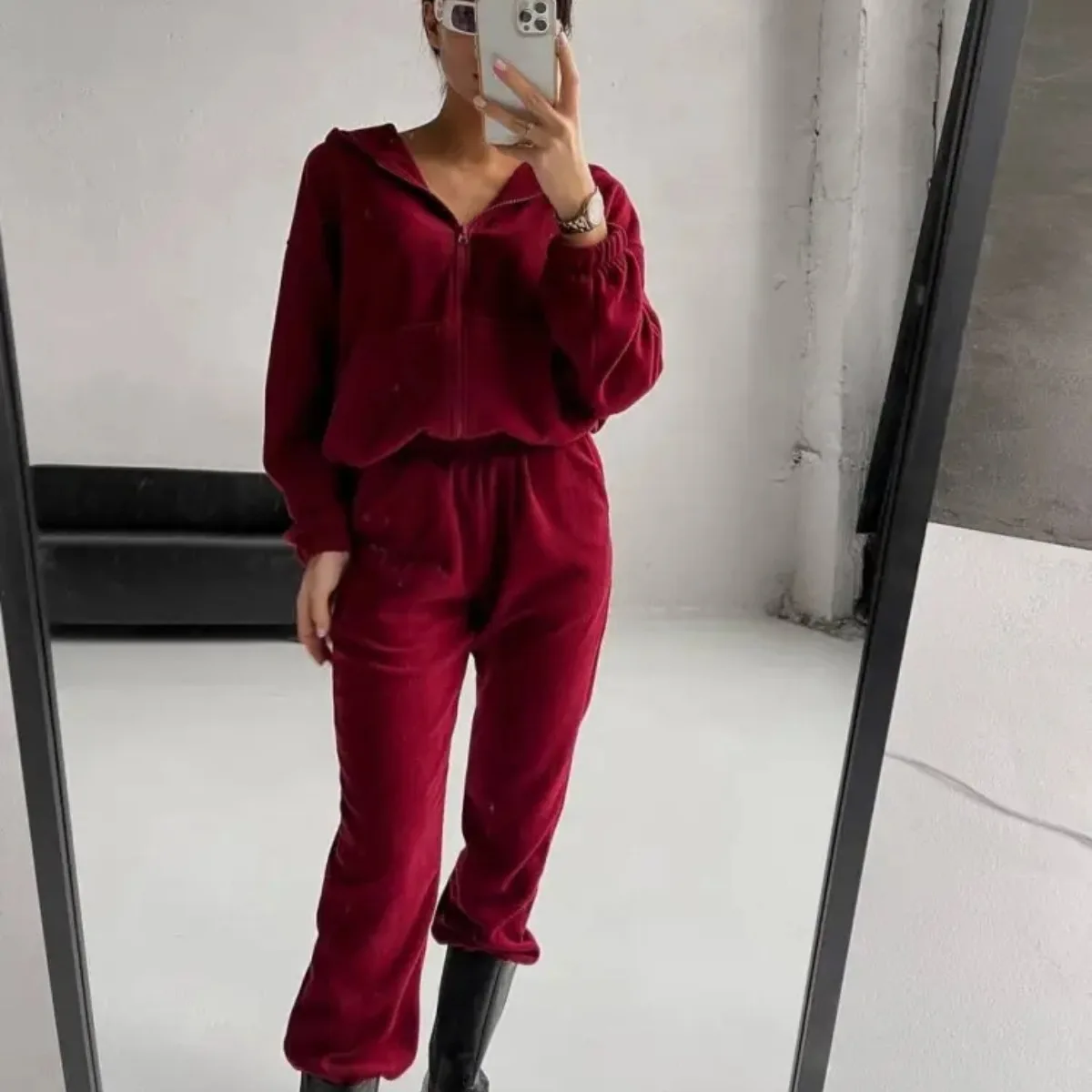 

2025 New Fashion Zipper Sweater + Wide Leg Pants Two-piece Sets Women Autumn Casual Loose Jacket And Pants Suit For Women