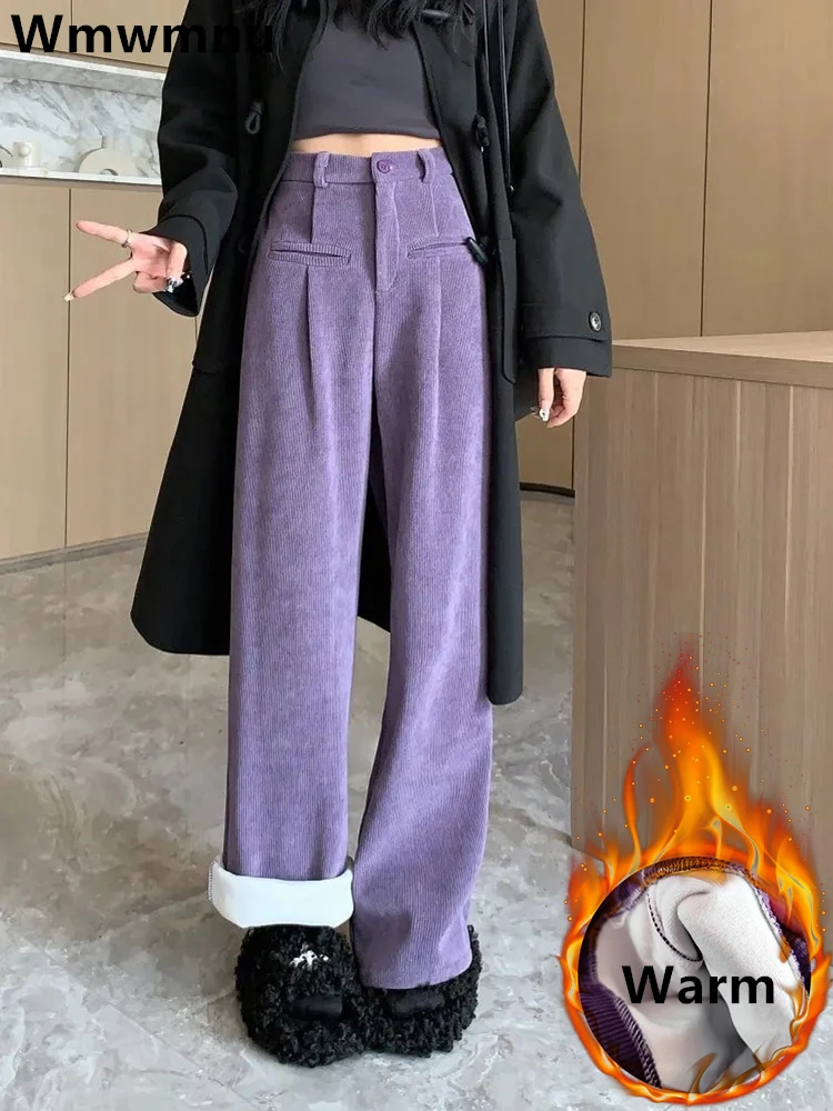 

Winter Thicken Wide Leg Corduroy Pants Warm Velvet Lined Casual Thick Plush High Waist Trouser Korean Women Snow Wear Pantalones