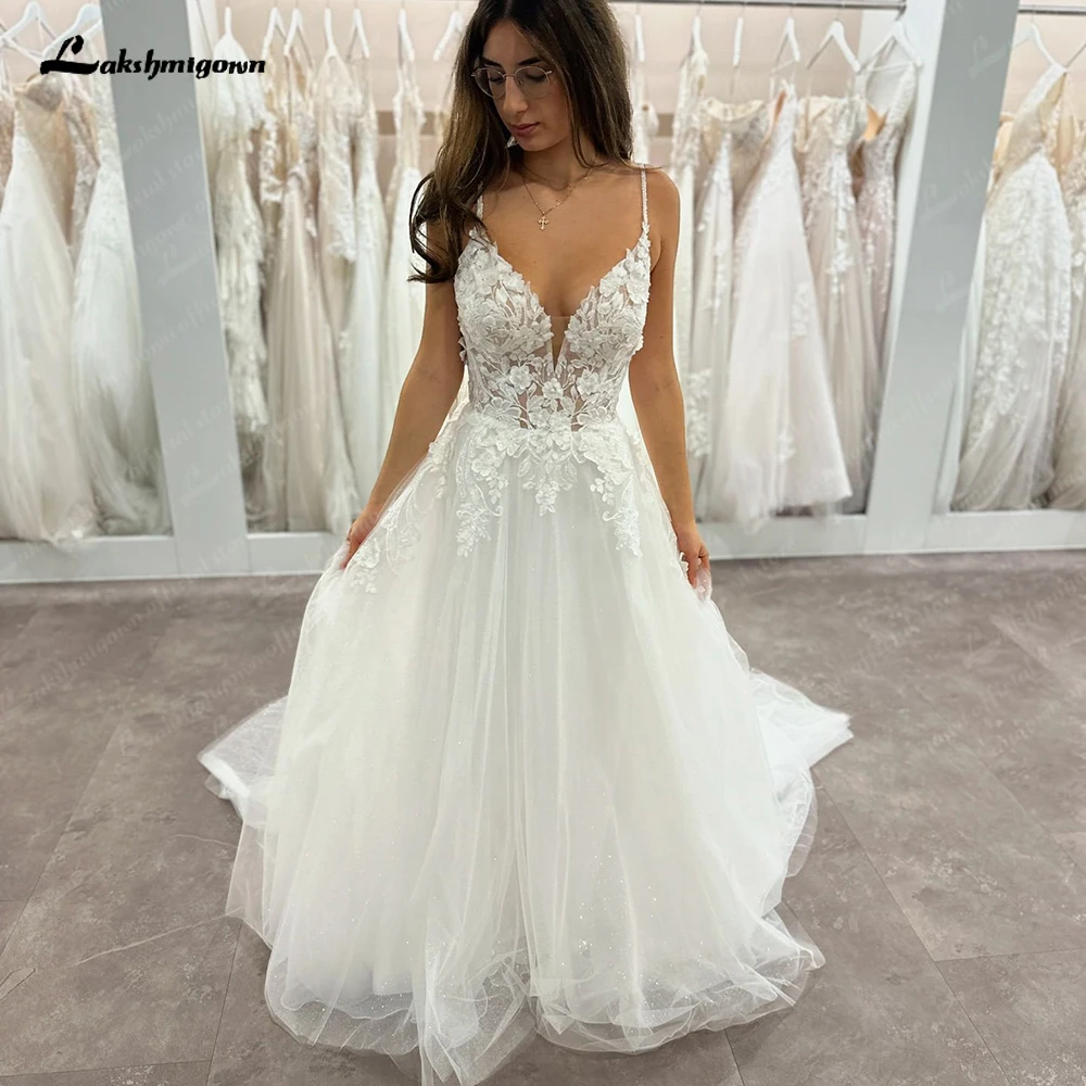 Lakshmigown Lace Beach Wedding Dresses Spaghetti Straps 2025 Vestidos De Novia Glitter Boho Bridal Gowns Customized