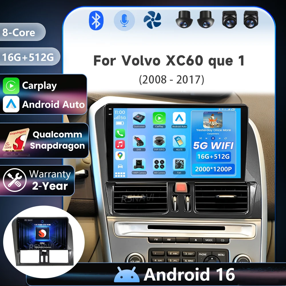 Plug and Play Android 16 Qualcomm For Volvo XC60 Que 1 2008 - 2017 CarPlay Auto Car Radio Multimedia Player 24-Hour Shipping BT