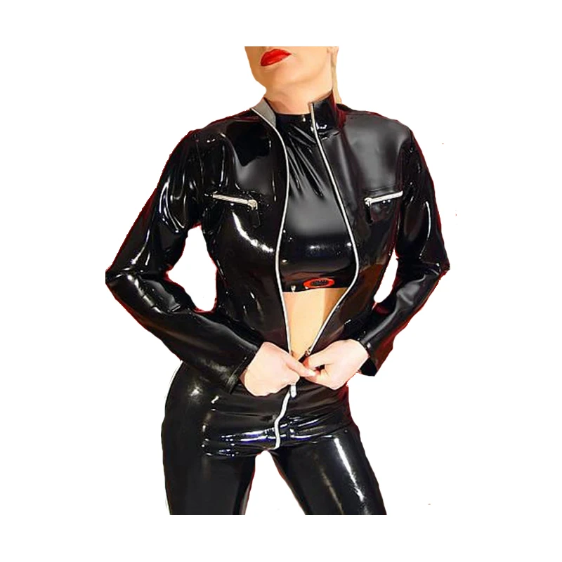 

New Style Latex Rubber Handsome Women Black and White Jacket And Pants Cool Suit With Zipper Size XXS-XXL