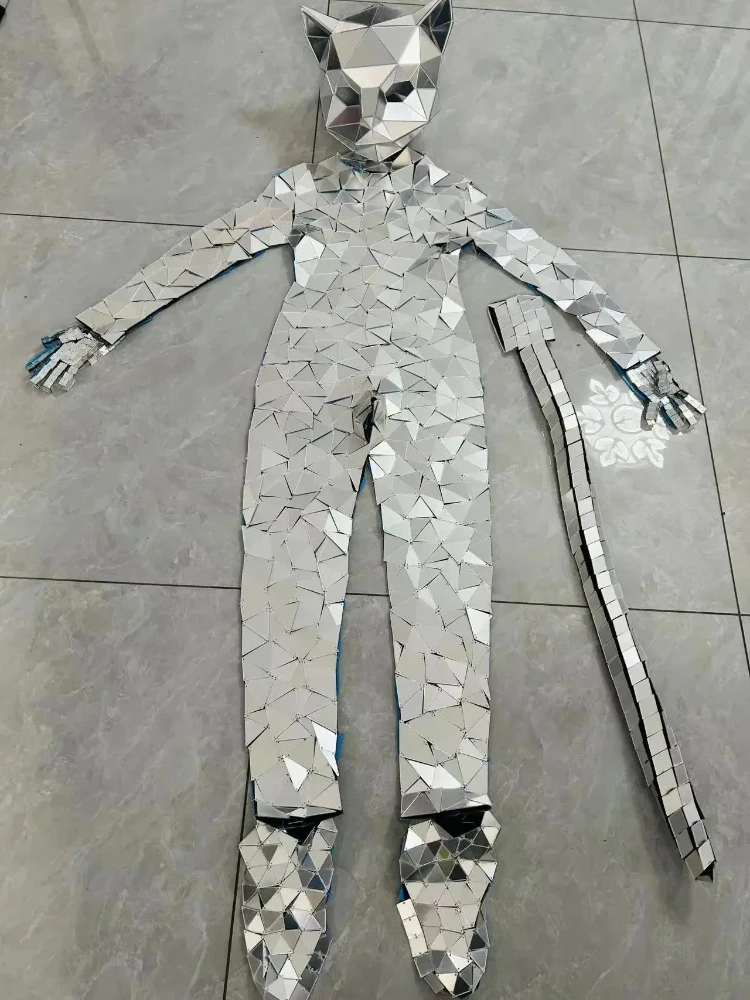 Silver Mirror Cat Head Mask Jumpsuit Cosplay Shiny Helmet Animal Rave Mask Costume Stage Costume Props Music Festival Clothing