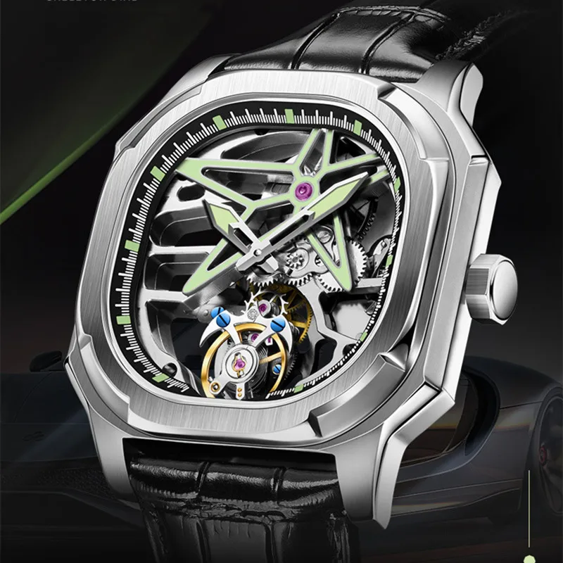 AESOP Flying Men's Tourbillon Watch Super Luminous Skeleton Hollow Tonneau Man Mechanical Wristwatches Sapphire Clock Waterproof