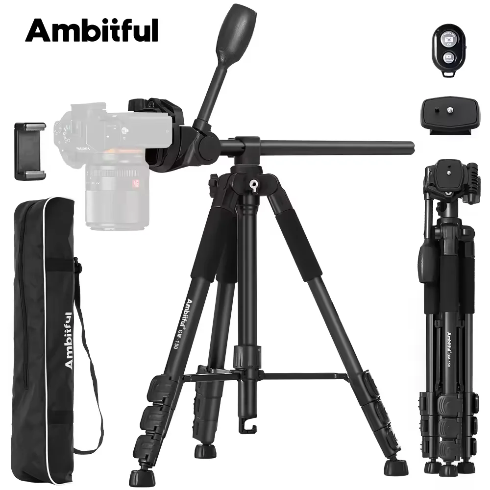 Trépied professionnel pliable Ambitful GM-150 158cm avec support de téléphone pour appareil photo reflex numérique, téléphone, GoPro, caméscope et éclairage d'appoint