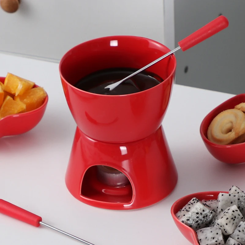 Juego de fondue de chocolate rojo de 300 ml: crisol con tenedores para inmersión y compartir experiencia de postre gourmet