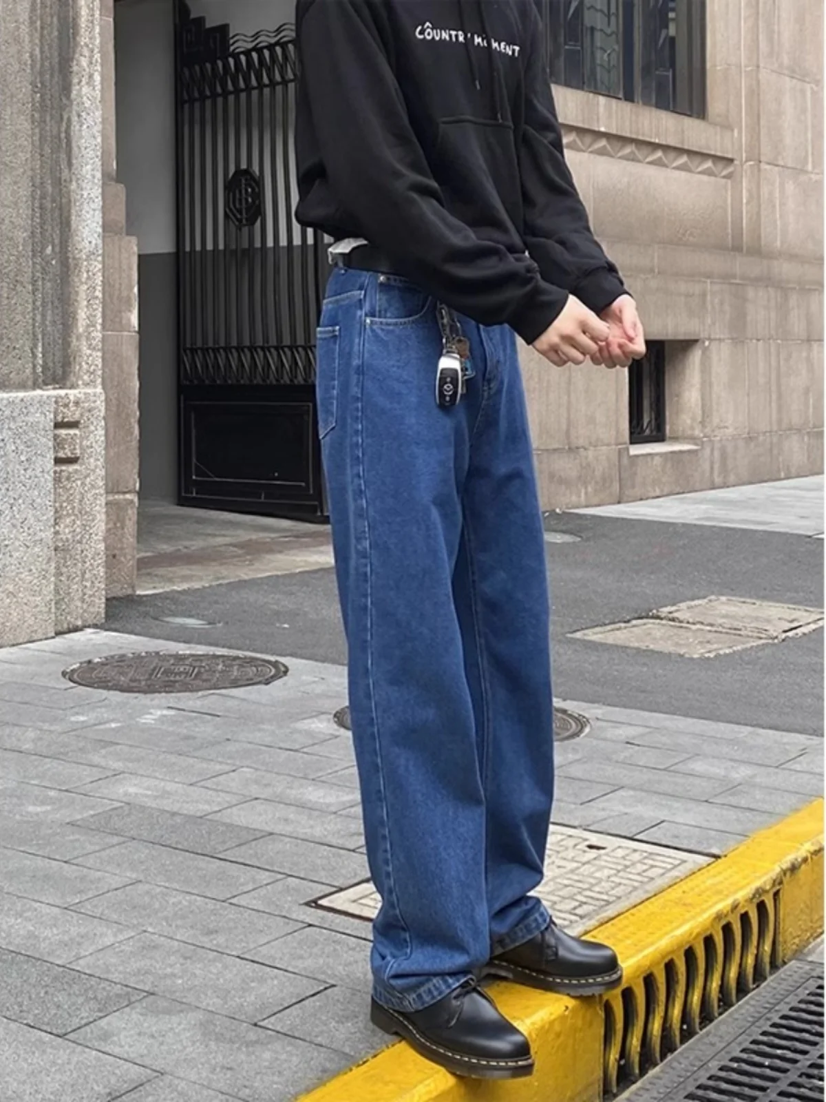 

Темно-синие мужские джинсы в американском стиле ретро High Street Cleanfit, свободные прямые широкие брюки, повседневные длинные брюки, модные