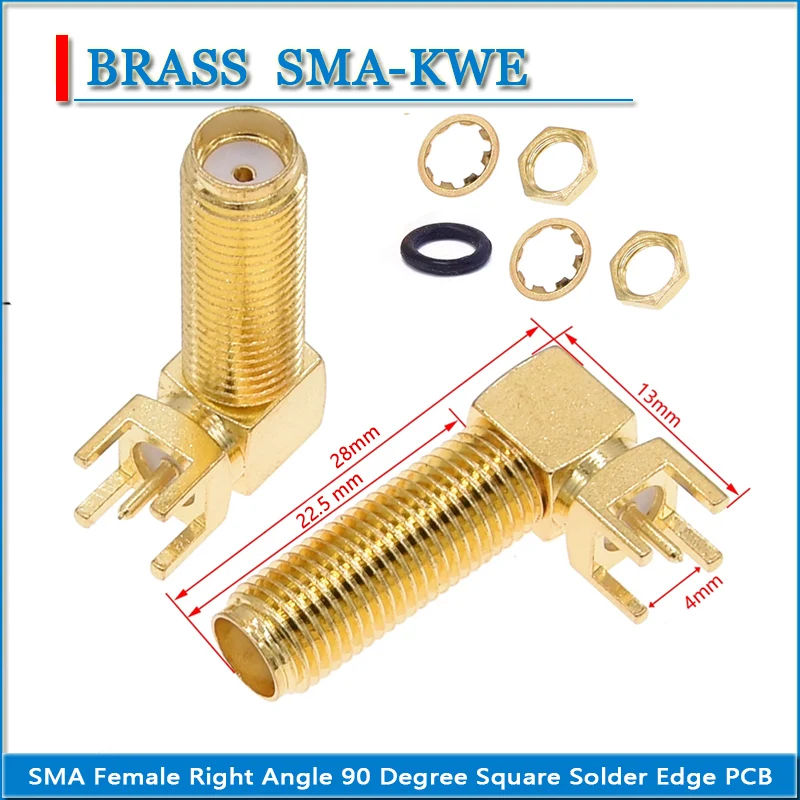 SMA Female Washer Nut Waterproof Right Angle 90 Degree Solder Square edge PCB mount Copper 17.5 20 23 28mm RF Connector Adapters