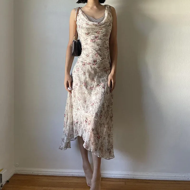 

Lunaria French Chic Elegant Flower Print Women Dress Lace Trim Ruched Slim Long Dress Summer New Clothes