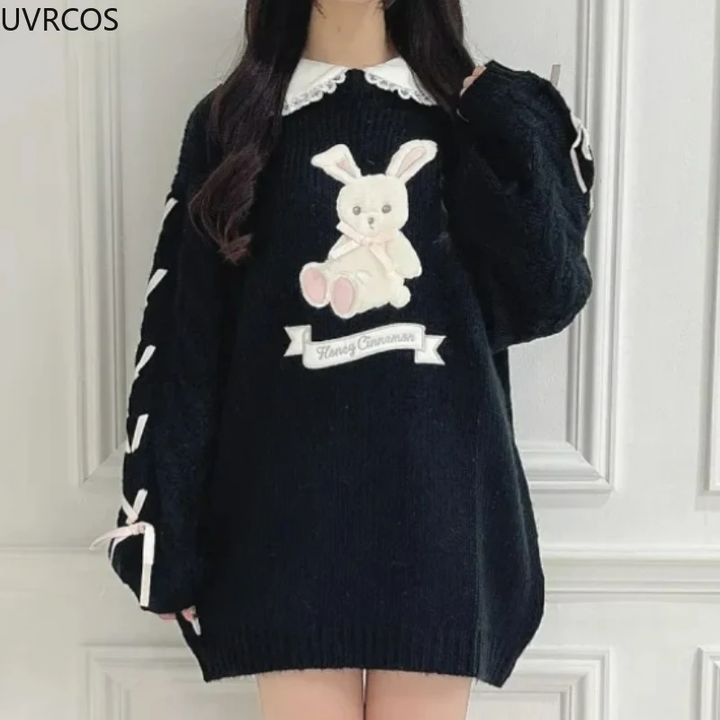 Japanese Sytle Kawaii Lolita Knitted Pullover Women Cute Cartoon Bear Embroidery Bow Bandage Sweater Female Sweet Chic Bunny Top