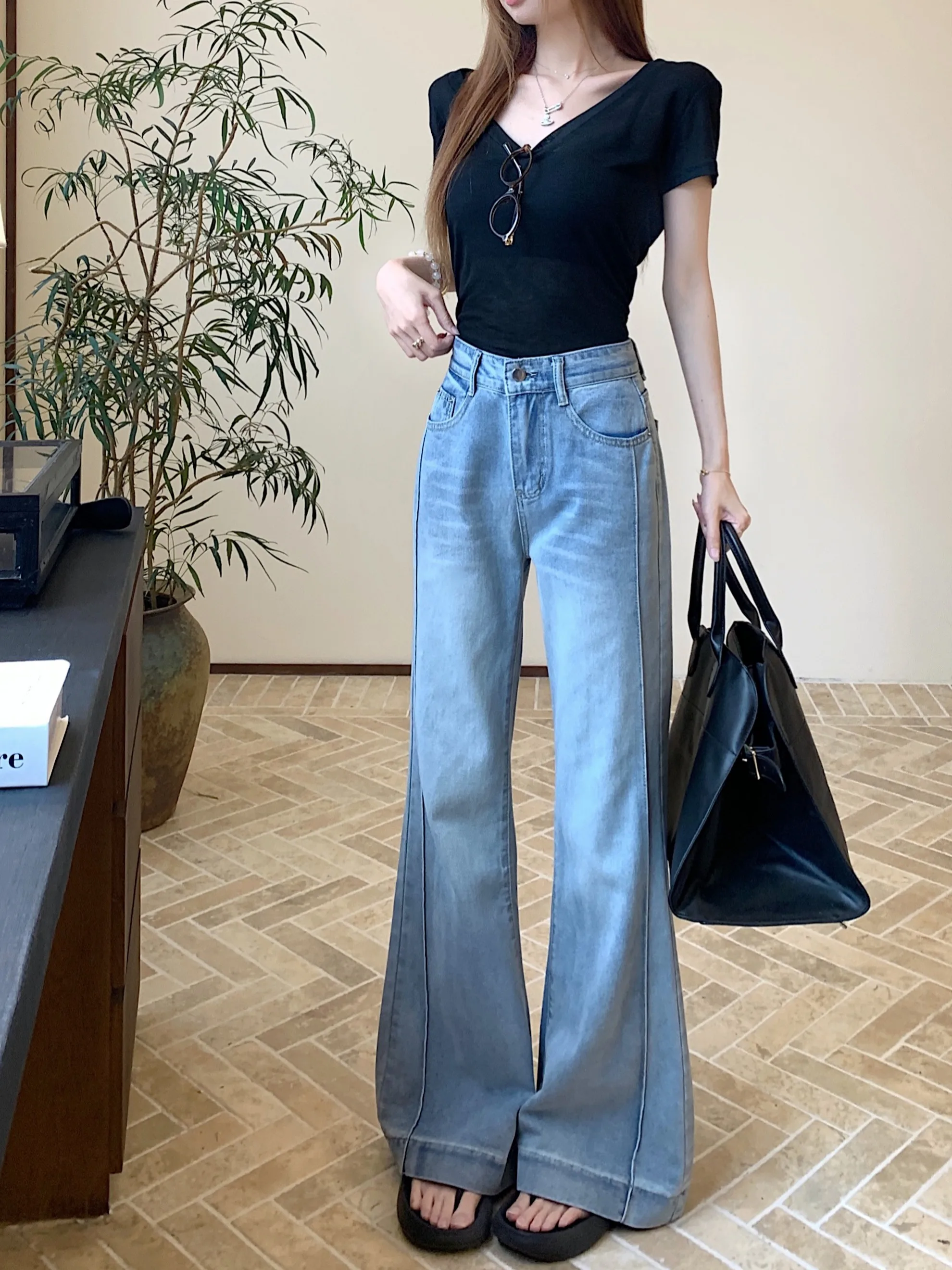 Women's High Waist Slimming Micro Flared Jeans Light Blue Draped Denim Spring Commute Style Natural Waist Button Closure