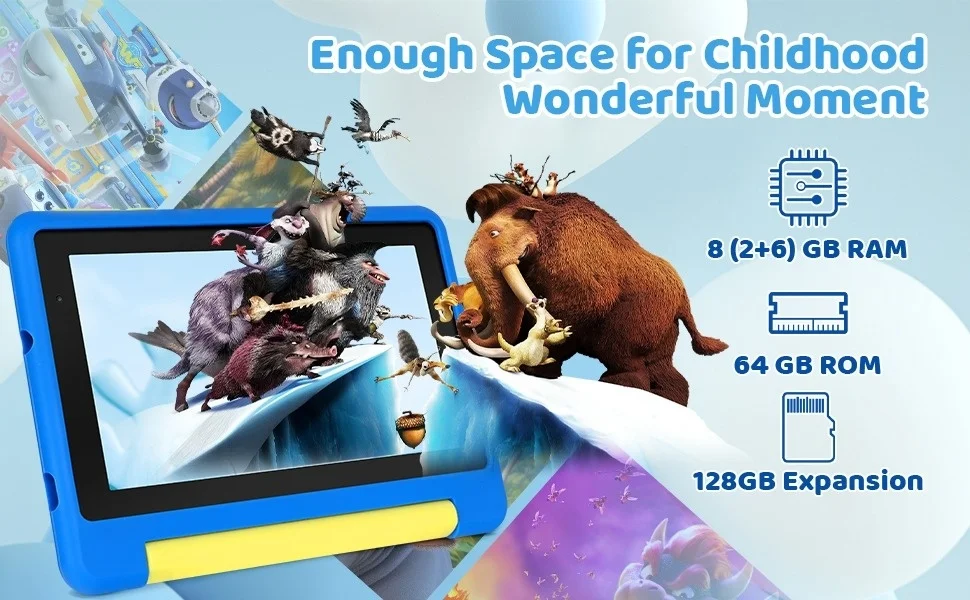 7 Inch Kids Tablet Android 13 8(2+6)GB RAM 64GB ROM Parental Control Dual Camera with Shockproof Case 2500mAh Kids Software