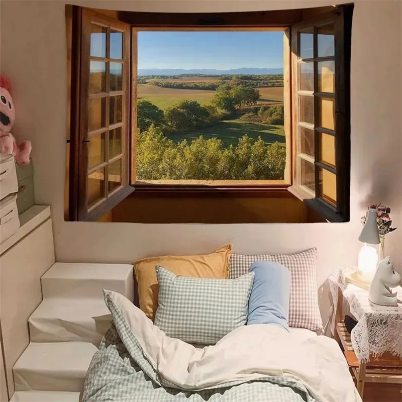 Tapiz de cortina simulada VIKAMA con paisaje rural pastoral que amplía la percepción espacial, ideal para decoración de dormitorios