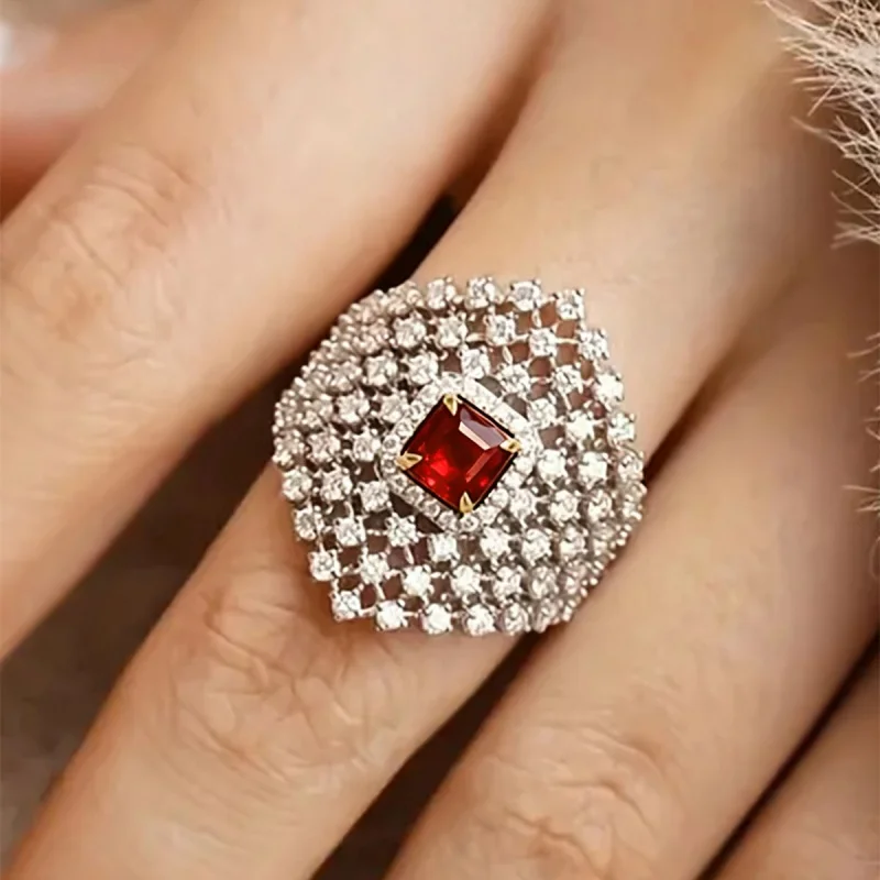 Huitan Funkelnder Damenring mit grünem CZ-Stein, hohles Design, modisch, für Hochzeit, elegante Dame, Jahrestag, Accessoires, Schmuck, Geschenk – Detail 16