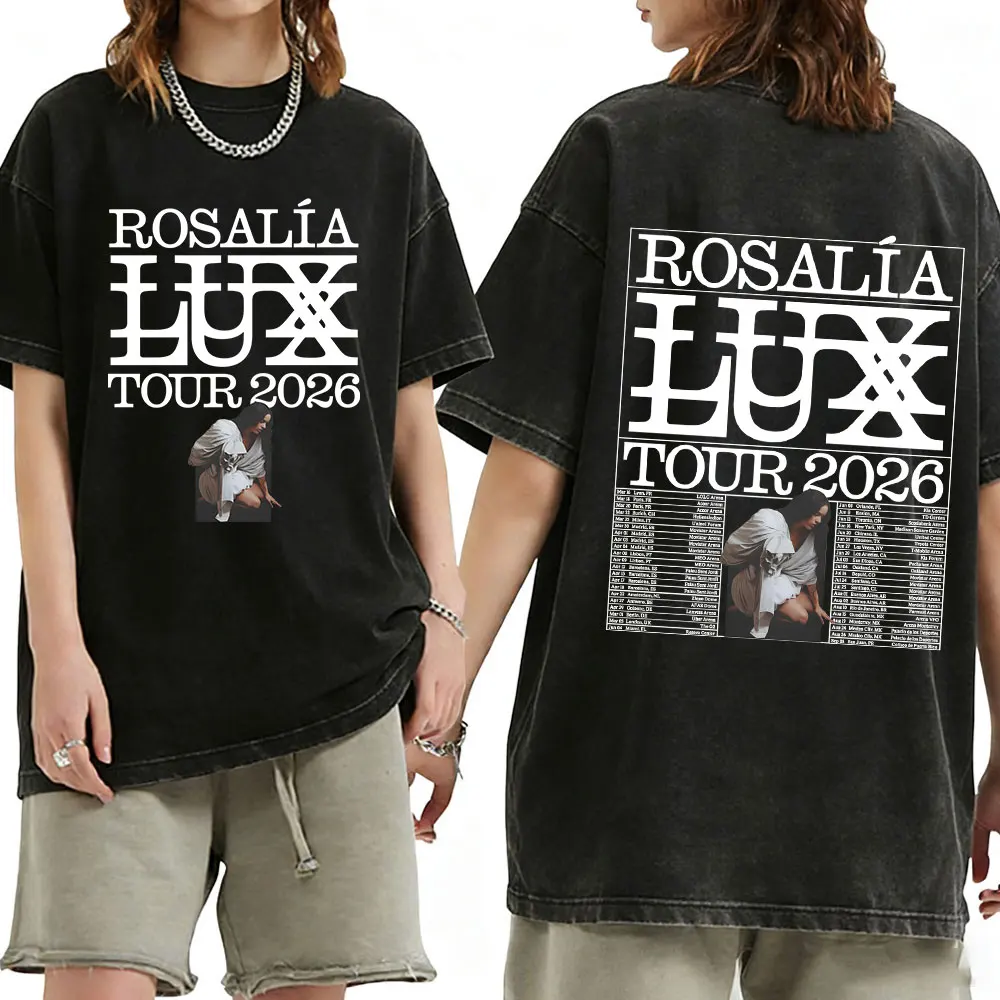 

Футболки Rosalia LUX Tour 2026 в винтажном стиле с эффектом потертости, мужская и женская одежда, повседневные оверсайз футболки, модные хип-хоп футболки с коротким рукавом
