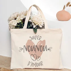Merci Nounou French Printed Women Shoulder Bag Canvas Tote Bag   Female Handbags Reusable Shopping Bags Best Gifts for Nounou