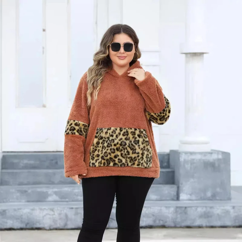 Oversized Women's Hooded Leopard Print Pocket Splicing Thick Plush Hoodie