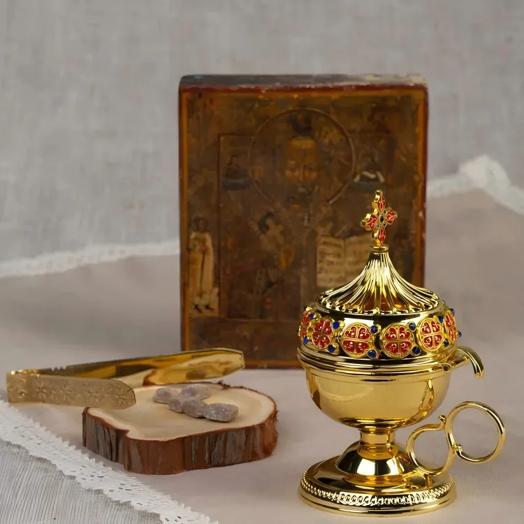 

Православная христианская позолоченная курильница из сплава, эмаль и драгоценный камень, инкрустированная курильница, семейная молитвенная угловая декоративная коробка, подарок