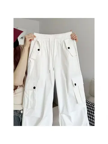 Pantalones cargo blancos para mujer, estilo fino de verano, cintura alta americana, corte ajustado, pantalones deportivos de pierna ancha, senderismo paracaidista pequeño Sp