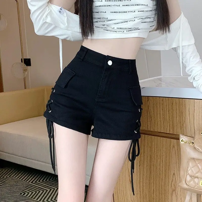 Summer High Waist Elastic Shorts Solid Color All-match Stylish Bandage Women\'s Clothing Hotsweet Spliced Korean Straight Shorts