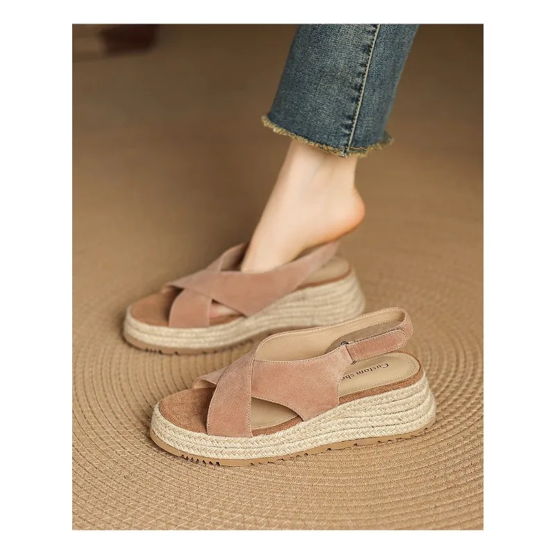 Cross Strap Roman Sandals Women's Summer Wear Heightened Platform Platform Shoes Frosted Straw Fisherman's Shoes - view 6