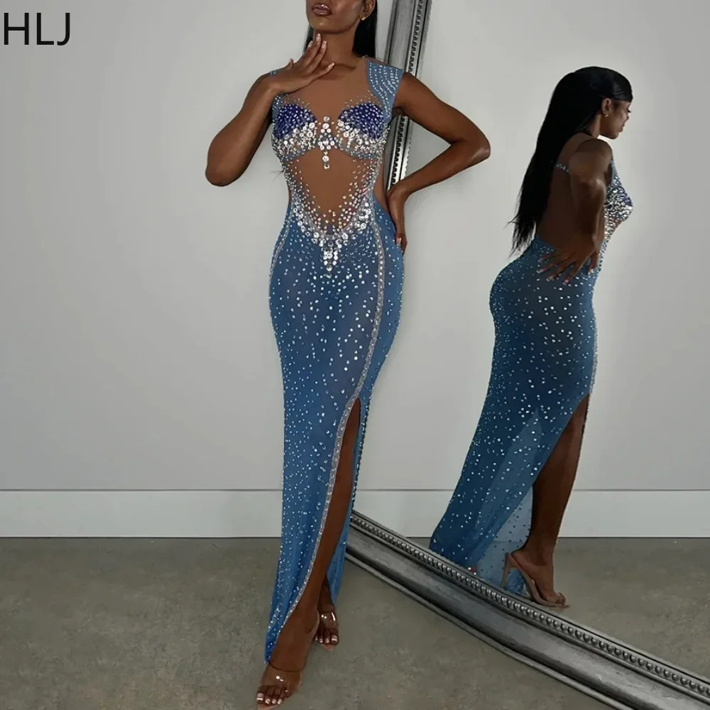 HLJ Luxury Rhinestone Blue Evening Party Dress Mesh Patchwork Sparkl Sexy Split Long Dress See Through Prom Birthday Vestidos