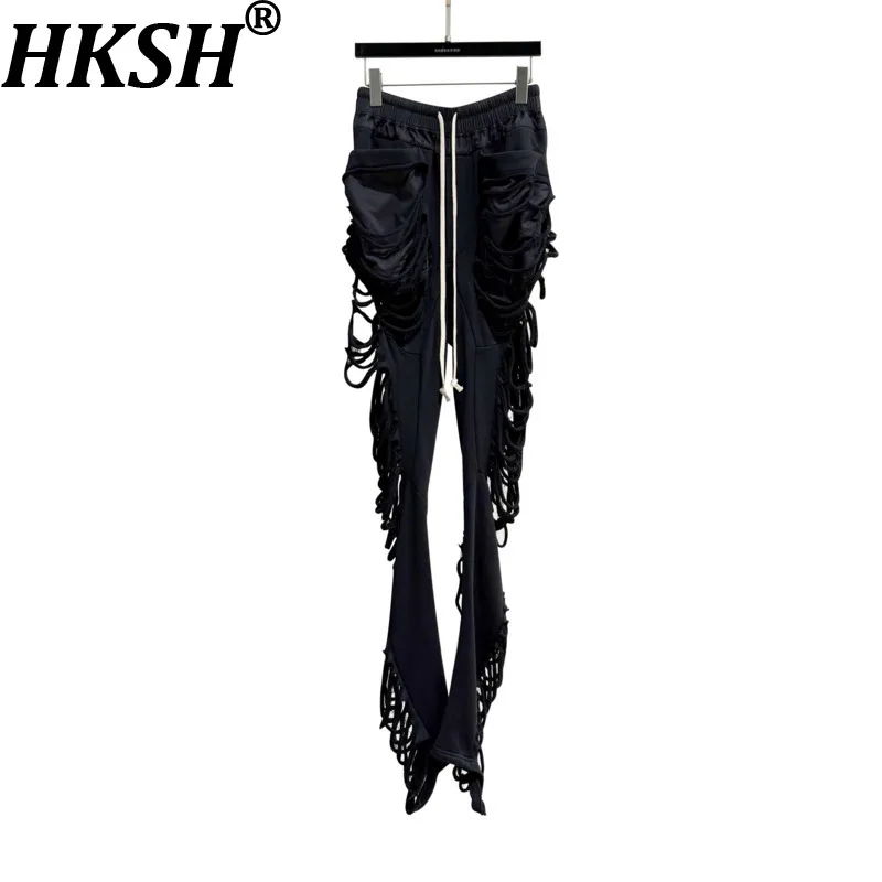 

HKSH Women Chic Pants Ripped Distressed Dark Casual Drawstring Elastic Waisted Streetwear Hip Hop Ins Bottoms New Summer HK21266