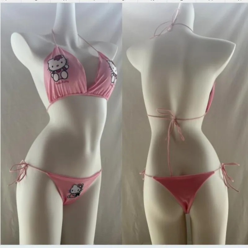 Japońska oryginalna Sanrio Hello Kitty komplet bielizny seksowna różowa bielizna kobieta Plus rozmiar kabriolet pasek strój kąpielowy Bikini na plażę