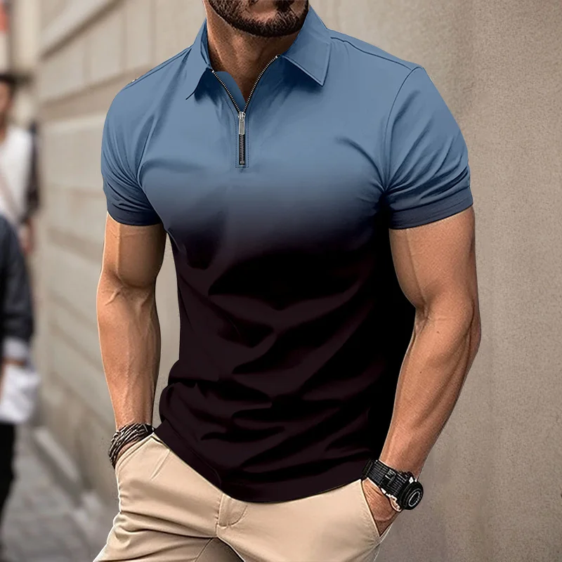 Polo de manga corta de verano para hombre, polo con estampado digital a rayas 3D, camisa informal de negocios con solapa y cremallera, top con