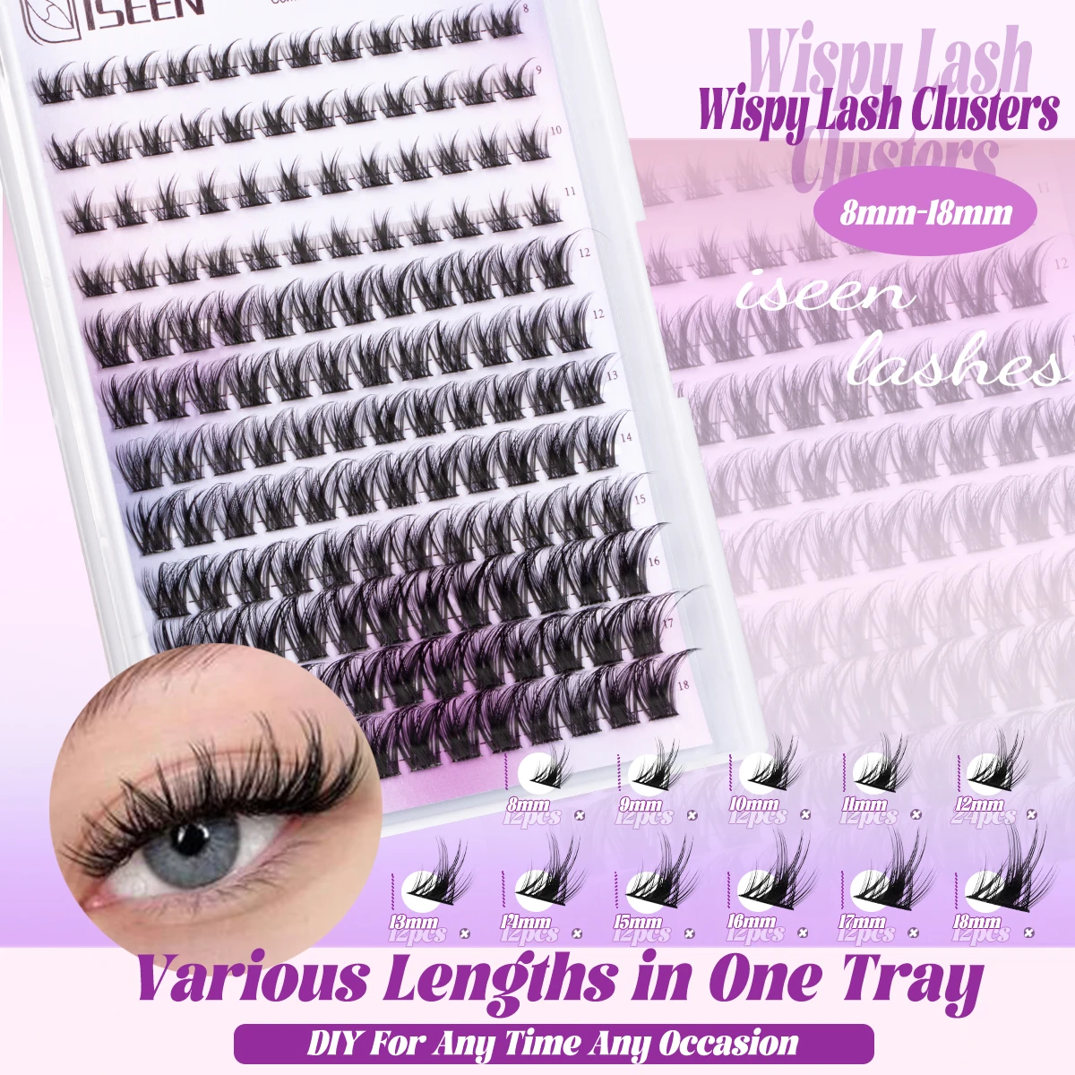Zestaw do naturalnych kęp rzęs, zestaw do przedłużania rzęs typu Wispy, rzęsy w kształcie litery C, przedłużanie rzęs w kępkach 8-18mm z klejem i zgrzewaczem, pęseta do rzęs.