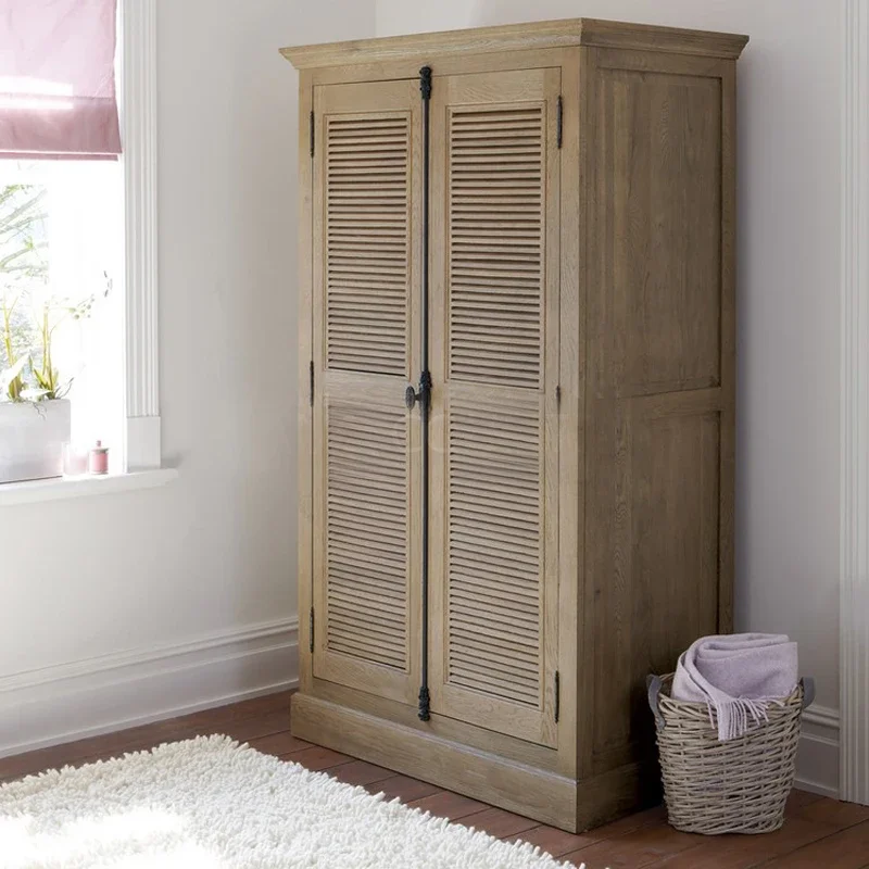 Special Oak Simple American French Country Solid Wood Double Door Heaven and Earth Lock Louver Locker Large Capacity Wardrobe