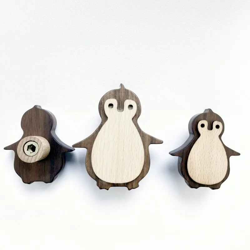 Cute Penguin Wooden Furniture Door Pulls Handles for Drawers and Wardrobe Cabinet Knobs Wood Wall Hooks Decoration Hardware