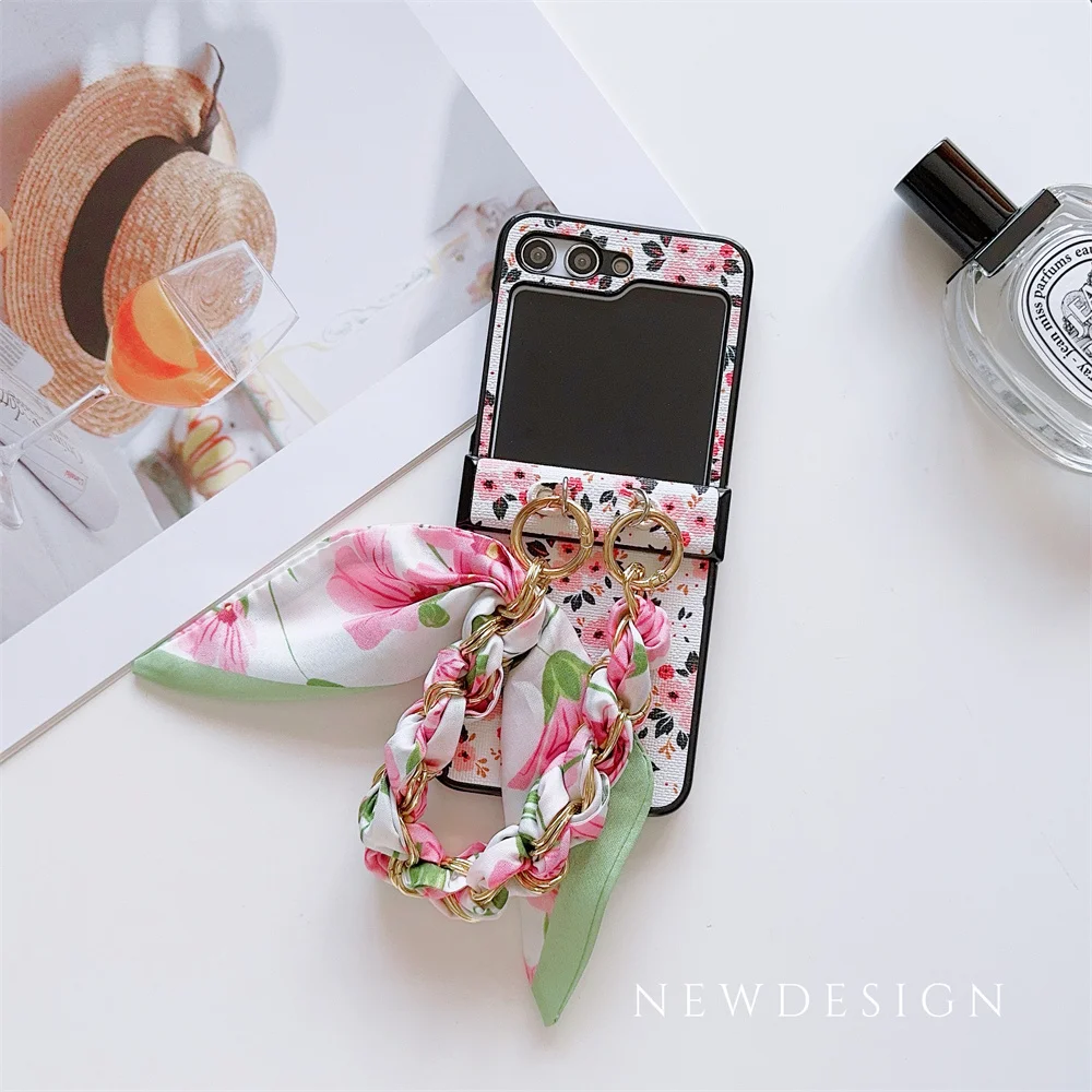 Flower PU Leather Cover with Hinge Protection & Scarf Wrist Chain Strap Bracelet For Samsung Galaxy Z Flip 6 5 4 3 5G Phone Case