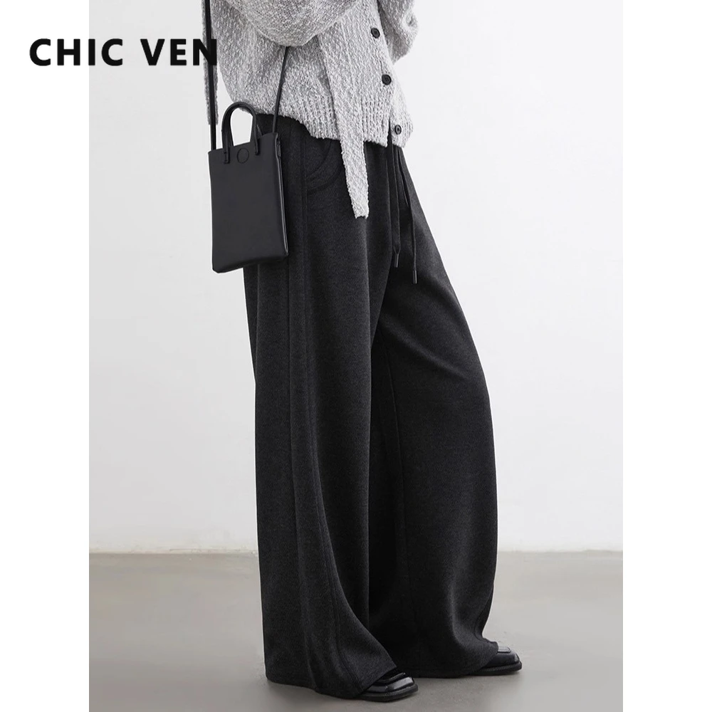 

CHIC VEN Women Pants High Waist Loose Casual Solid Drawstring Knitted Trousers Retro Straight Leg Pant Autumn Winter 2025