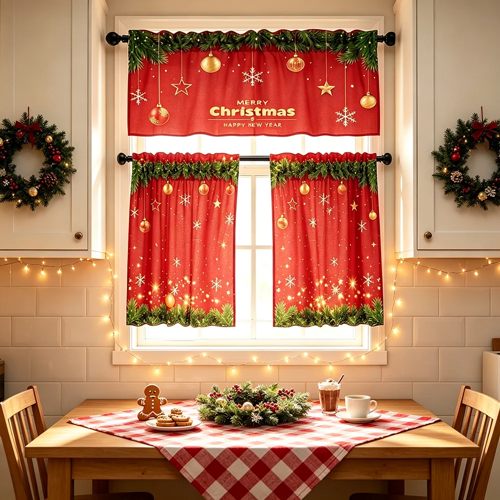 Christmas Print Kitchen Curtains, Rod Pocket, Polyester, Home Decor, Window Drapes, Bedroom Living Room, Bathroom