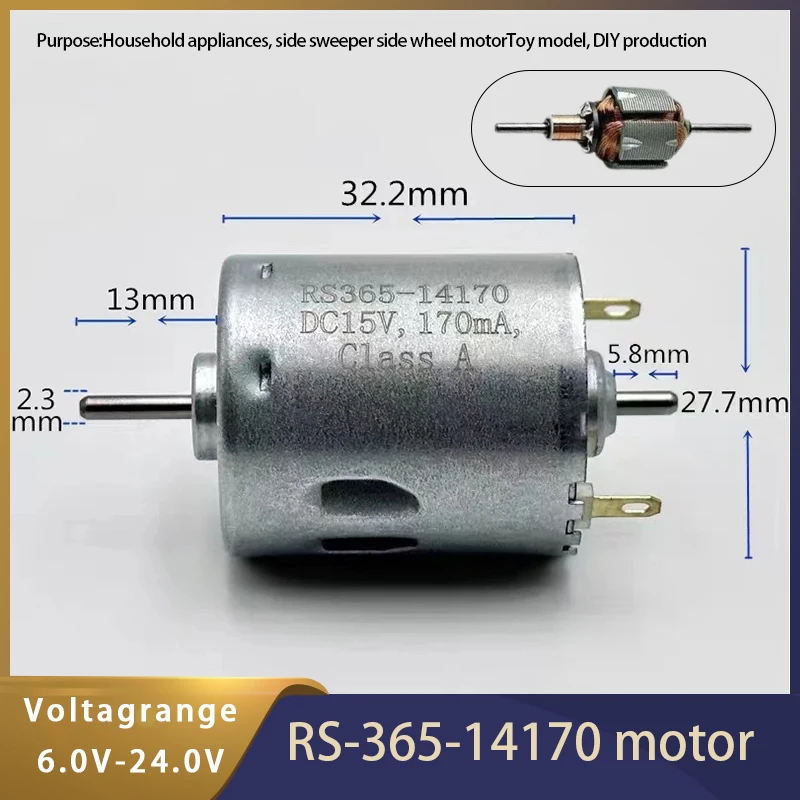 RS-365SH-14170 Mini  Motor DC 6V- 24V 10300RPM Dual 2.3mm Shaft Carbon Brush Electric Motor For Toy Sweeper Robot Vacuum Cleaner