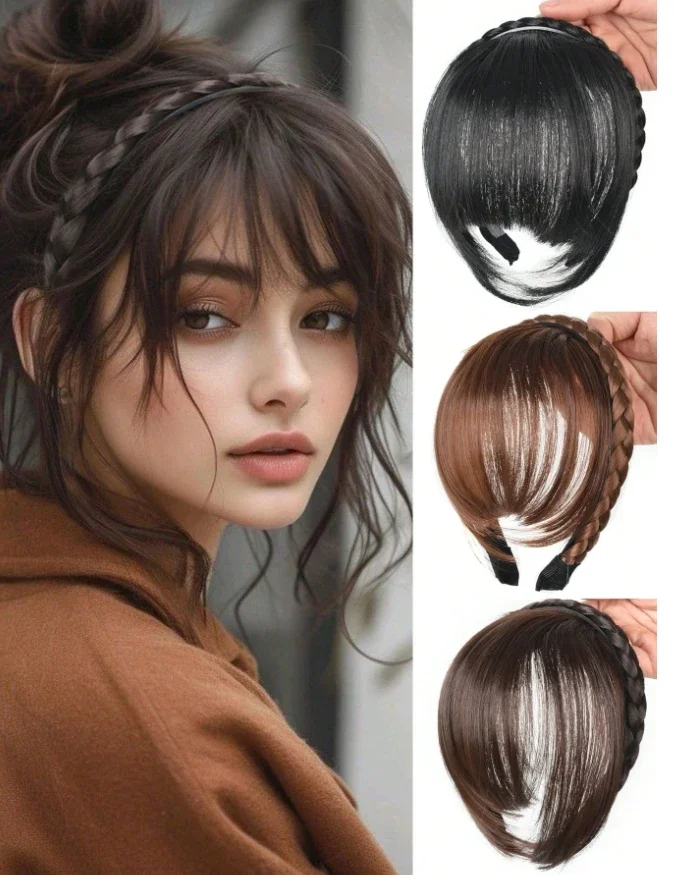 Elegant Black/Brown Synthetic Hair Bangs with Braided Headband Lightweight Airy Hair Hoop Extensions for Bangs Styling
