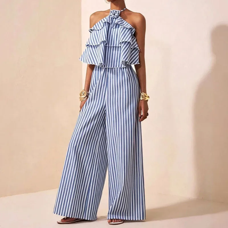 Doyerl Halter Backless Loose Wide Leg Jumpsuit Woman Rompers Summer Clothes Applique Cascading Ruffles One Piece Vacation Outfit