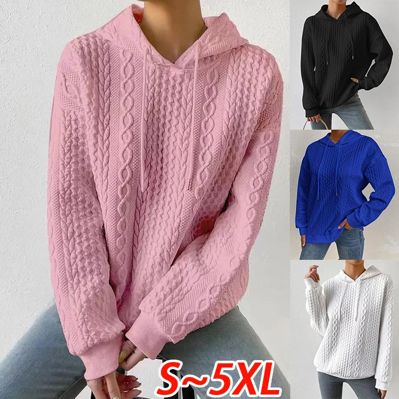 

Women's casual hoodie jacquard solid color long sleeved pullover autumn/winter drawstring sports sweater fashionable top