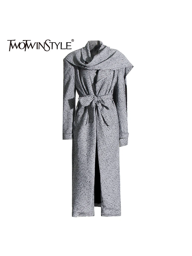 TWOTWINSTYLE Asymmetrical Designer Loose Windbreaker For Women Scarf Collar Long Sleeve Temperament Coats Female Fashion Style