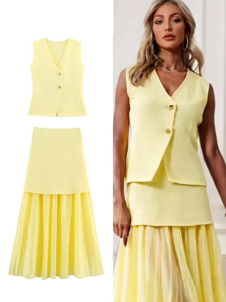 HH Eleganter gelber Strickanzug mit V-Ausschnitt, einreihige, ärmellose Weste + A-Linie, hohe Taille, gespleißter langer Rock, schickes Damen-Set