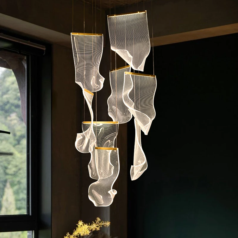 Lotus Leaf Ladder Chandelier,Stair chandelier，Living Room,Hotel, Creative LED Lamp， Remote Control Remote dimming lamp