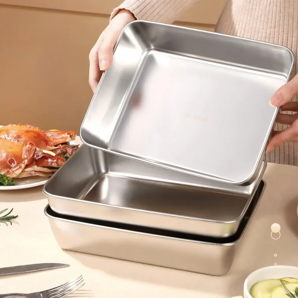 Stainless Steel Food Storage Serving Trays With Lid Rectangular Food Storage Pan Large Freshing Lunch Box Container For Kitchen