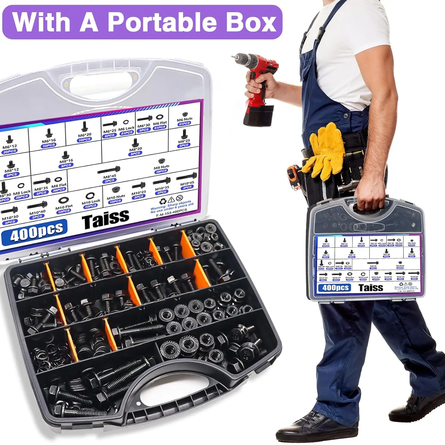 مجموعة متنوعة من مسامير شفة متري 400 قطعة، مسمار M6x1.0 درجة 10.9، مسمار M8x1.25، مسمار M10x1.5 (12 مم إلى 45 مم) لوح زنك أسود #4