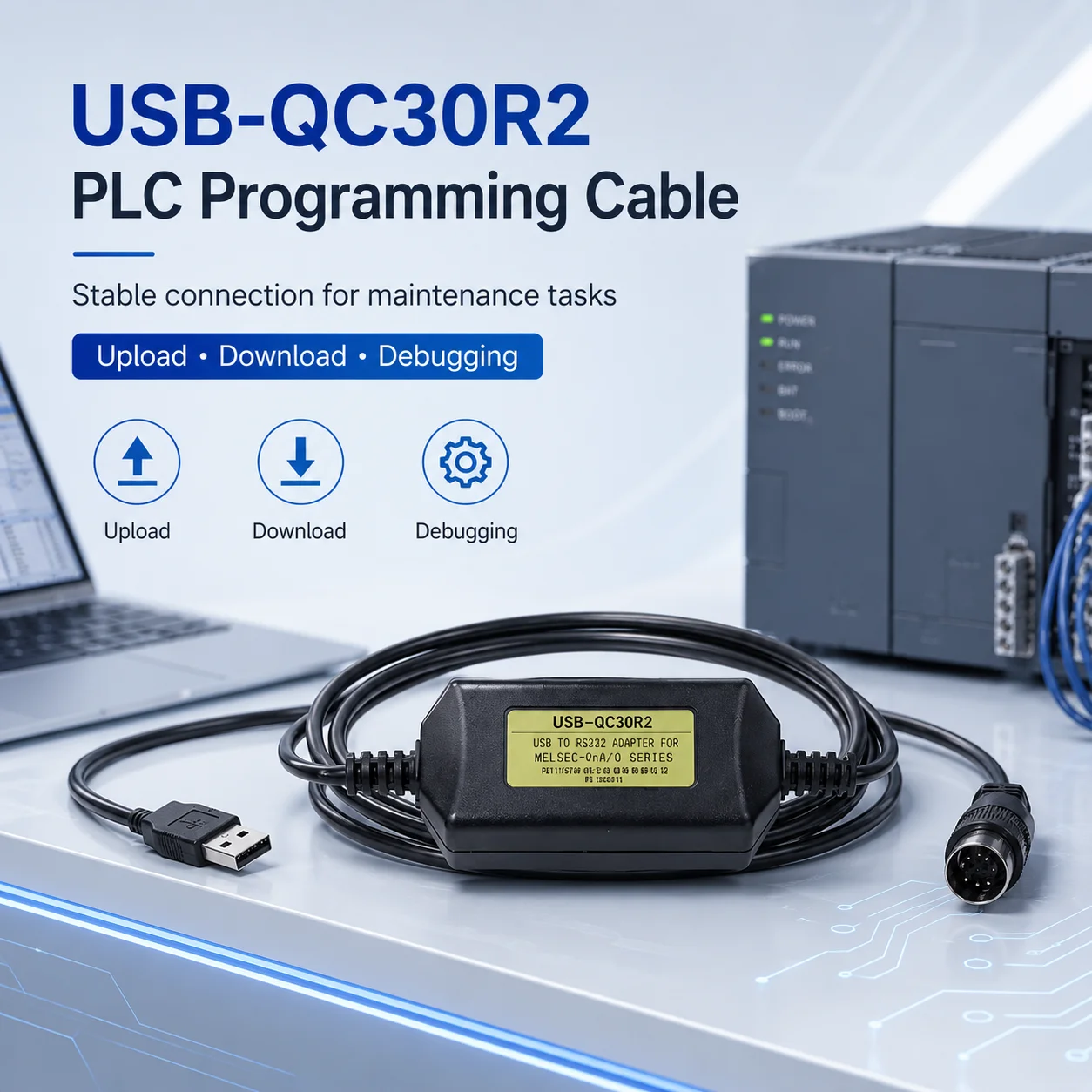 USB-QC30R2 3M PLC Programming Cable, USB to 6-Pin MD6 Download Lead for Mitsubishi Q01/Q02/Q03/Q06 PLC, GT1030 HMI