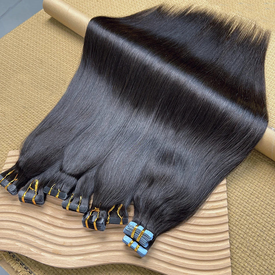 شريط بولي يوريثان مستقيم في وصلات الشعر حقن غير مرئي سلس من جلد البولي يوريثان مواد لاصقة مربوطة يدويًا 4x0.8 8x0.8 سم 100% شعر بشري