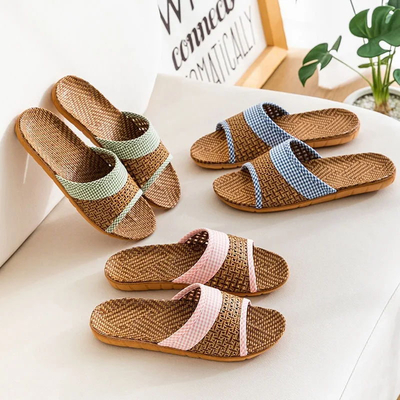 2026 Summer New Linen Rattan Grass Cool Slippers Women's and Men's Home Indoor Floor Slippers Soft Bottom Home Silent view 3